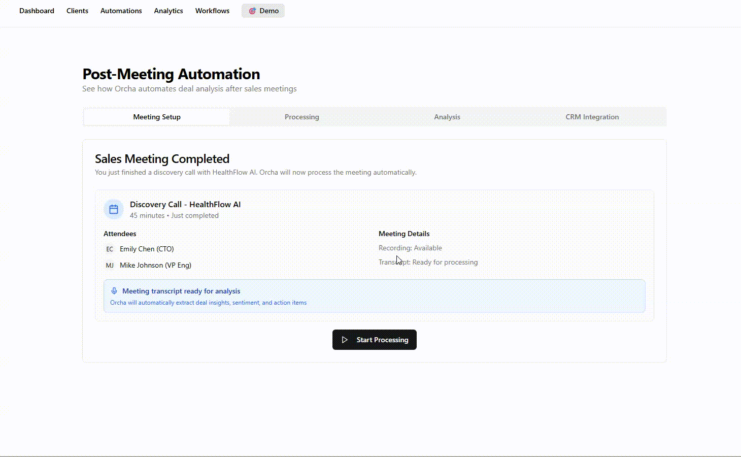 Orcha AI post-meeting automation workflow demonstration