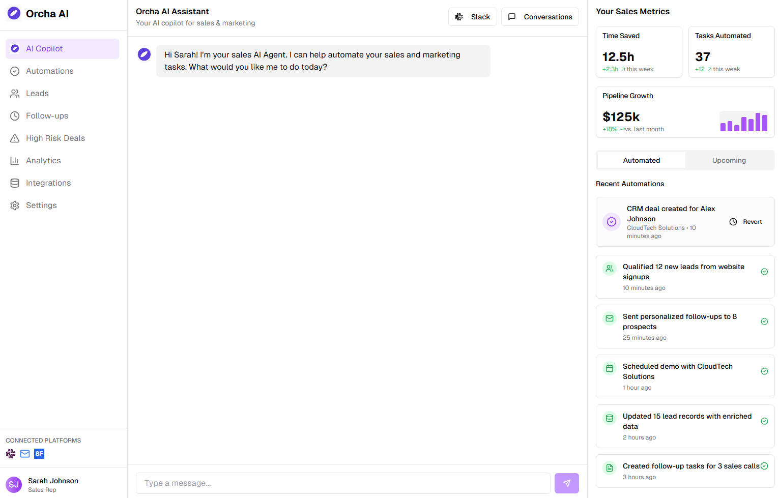 Orcha AI dashboard showing AI assistant chat, sales metrics, and automated tasks